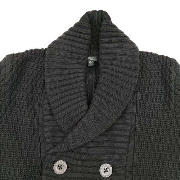 Guess Womens Waffle Knit Sweater Small Black Button Up Shawl Collar Long Sleeve - Picture 5 of 10
